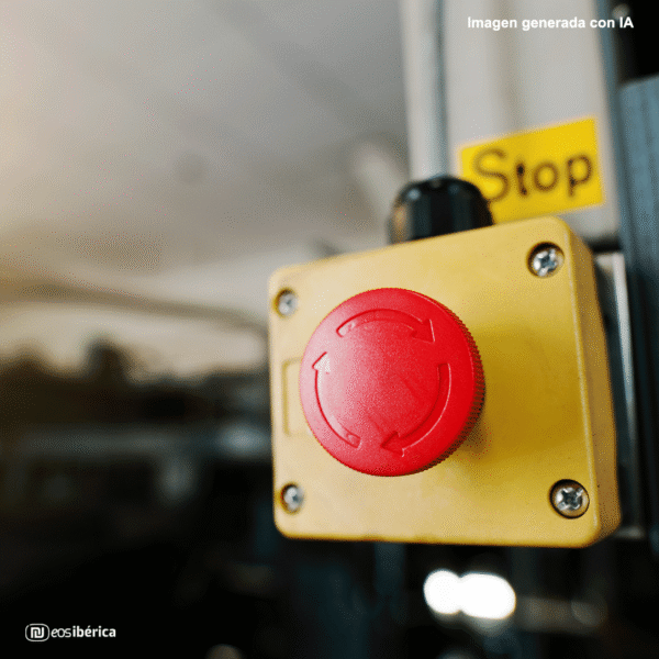 O botão é grande, redondo e vermelho, com setas gravadas mostrando o sentido de rotação para libertá-lo. Ao lado, há uma placa amarela menor com a palavra "Stop".
