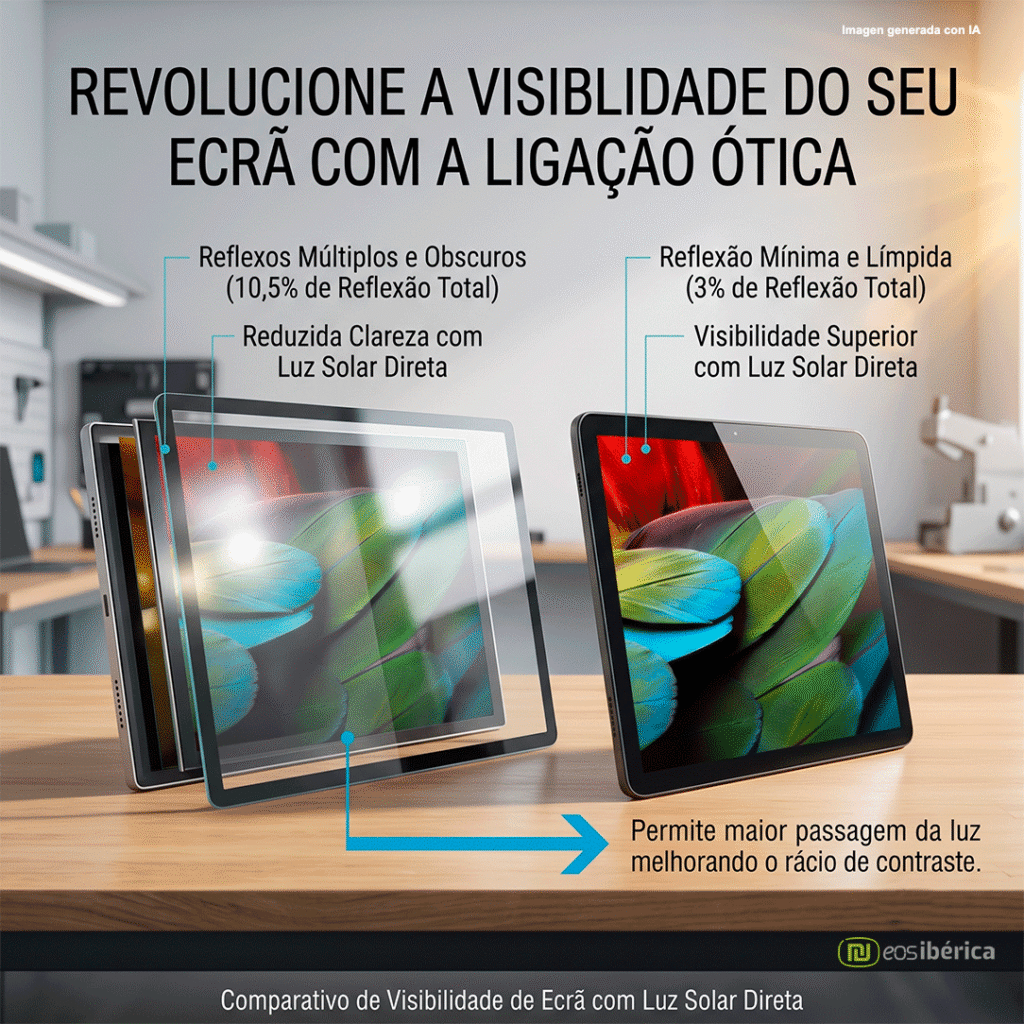 Infografia comparativa entre um ecrã convencional com reflexos (10,5% de reflexão) e um ecrã com ligação ótica, que reduz os reflexos para 3% e melhora o rácio de contraste sob luz solar direta.