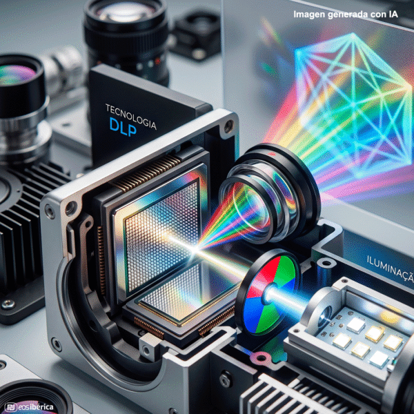 Um diagrama técnico realista e em corte de um motor óptico de projetor, ilustrando as tecnologias DLP e LED. No lado direito, um módulo de iluminação LED emite luz branca que passa por uma roda de cores (vermelho, verde, azul) giratória. O feixe de luz colorido é então direcionado para um chip DLP (Digital Light Processing) detalhado no centro, que é um arranjo de microespelhos. O chip DLP reflete a imagem através de um conjunto de lentes de projeção à esquerda. Um feixe de luz colorida sai das lentes e projeta um gráfico geométrico colorido em uma tela translúcida ao fundo. Componentes eletrônicos e outros elementos ópticos cercam o mecanismo principal. O texto "TECNOLOGIA DLP" e "ILUMINAÇÃO LED" está visível perto de seus respectivos componentes. A imagem está em formato quadrado 1:1 e tem um estilo fotorrealista e de alta definição.