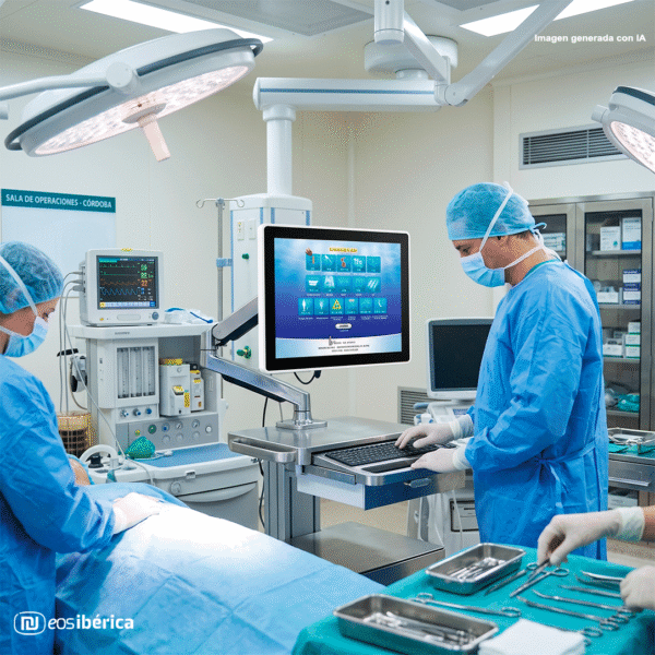 Uma fotografia profissional e realista de um bloco operatório. No centro da imagem, um monitor industrial com rebordo branco, montado num braço articulado, exibe uma interface de ecrã tátil complexa com vários ícones médicos de cor azul, incluindo um coração, pulmões, ossos, um aviso de perigo e vários diagramas e símbolos técnicos.