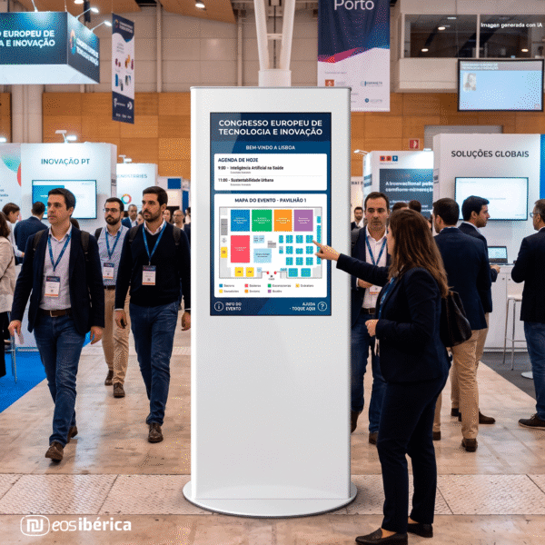 Terminal interativo branco num centro de congressos em Lisboa, apresentando a agenda do evento e um mapa do pavilhão em português, com participantes a caminhar ao redor.