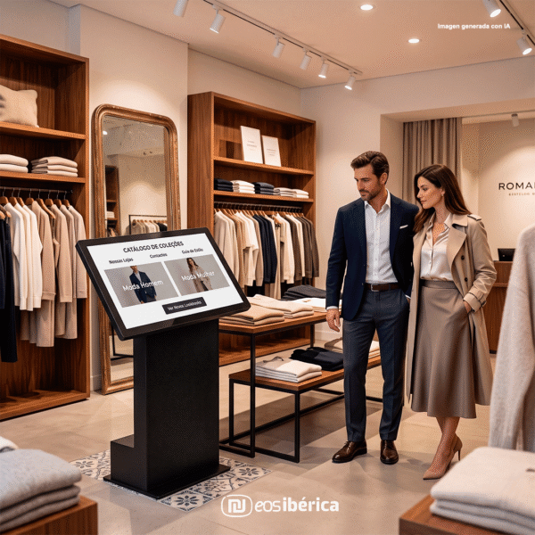Casal observa um quiosque digital interativo preto que apresenta um catálogo de moda em português europeu, no interior de uma loja de roupa elegante e contemporânea.