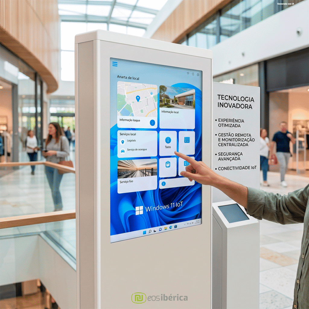 Fotografia em plano médio de um quiosque interativo digital branco num centro comercial. Um homem aponta para o ecrã tátil, que exibe a interface do Windows 11 IoT. Ao lado, um painel enumera benefícios em português: "TECNOLOGIA INOVADORA", "EXPERIÊNCIA OTIMIZADA", "GESTÃO REMOTA E MONITORIZAÇÃO CENTRALIZADA", "SEGURANÇA AVANÇADA", "CONECTIVIDADE IoT".