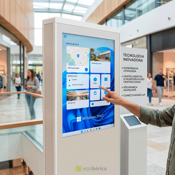Fotografia em plano médio de um quiosque interativo digital branco num centro comercial. Um homem aponta para o ecrã tátil, que exibe a interface do Windows 11 IoT. Ao lado, um painel enumera benefícios em português: "TECNOLOGIA INOVADORA", "EXPERIÊNCIA OTIMIZADA", "GESTÃO REMOTA E MONITORIZAÇÃO CENTRALIZADA", "SEGURANÇA AVANÇADA", "CONECTIVIDADE IoT".
