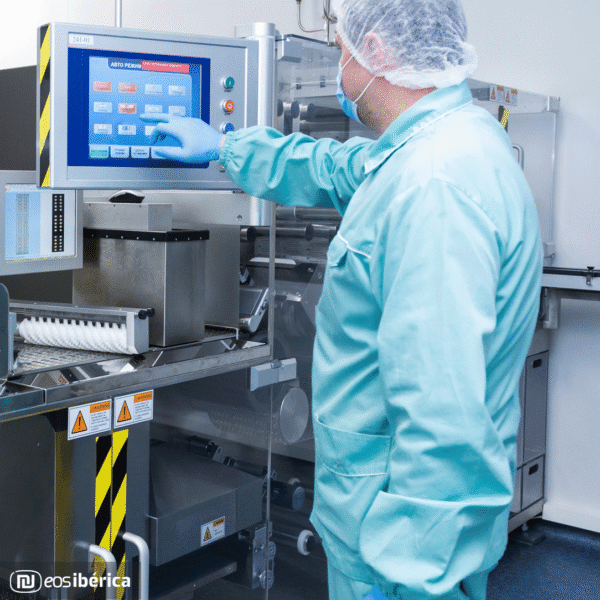 Trabalhador da indústria farmacêutica a interagir com um painel PC industrial.