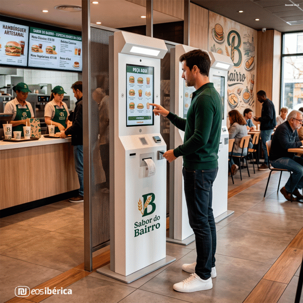 Homem a interagir com um kiosque digital de pedidos no restaurante fictício Sabor do Bairro em Lisboa.