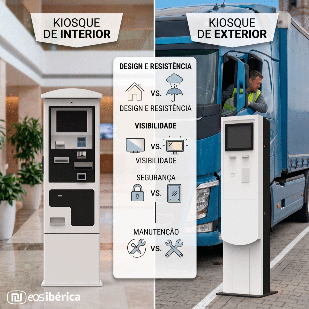 Comparação visual entre um quiosque interativo de interior num átrio e um de exterior num terminal de camiões, com tabela central destacando diferenças de resistência, ecrã, segurança e manutenção.