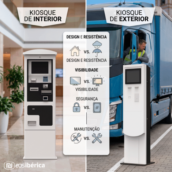 Comparação visual entre um quiosque interativo de interior num átrio e um de exterior num terminal de camiões, com tabela central destacando diferenças de resistência, ecrã, segurança e manutenção.