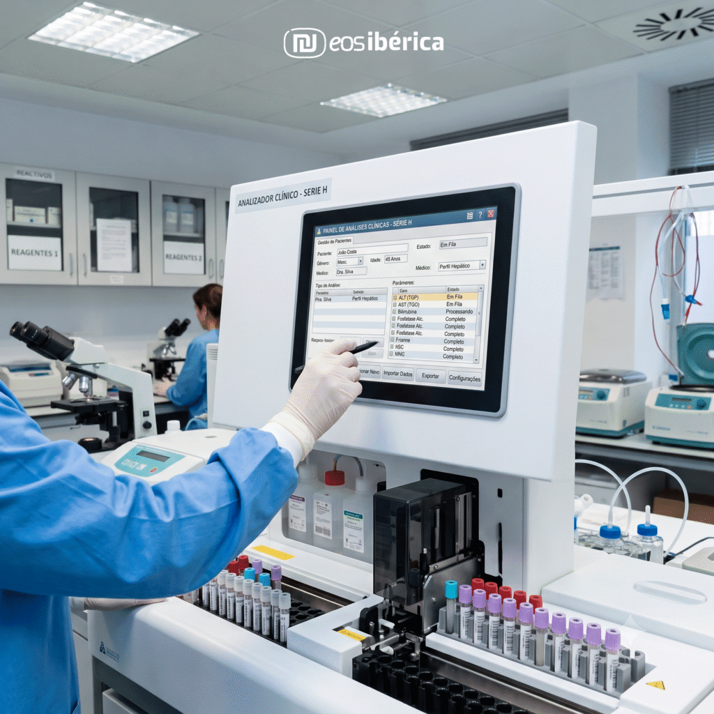 Técnico de saúde a utilizar um PC industrial integrado num analisador de laboratório clínico.