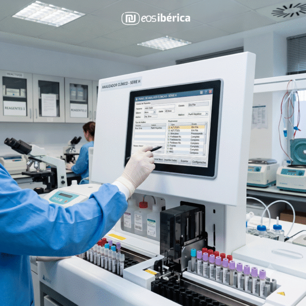 Técnico de saúde a utilizar um PC industrial integrado num analisador de laboratório clínico.
