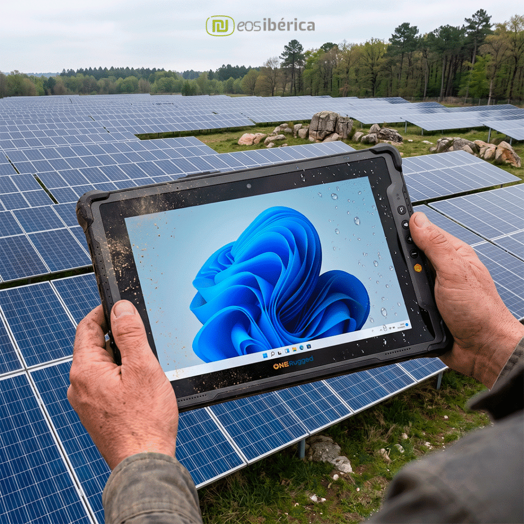 Primeiro plano de um técnico segurando um tablet industrial resistente numa central de energia solar.