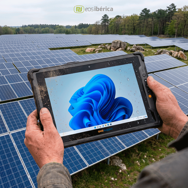 Primeiro plano de um técnico segurando um tablet industrial resistente numa central de energia solar.