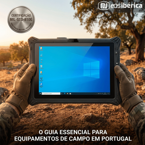 Tablet industrial resistente MIL-STD-810G em utilização no campo.