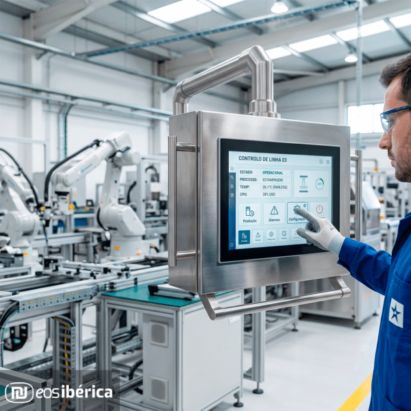 Operador de fábrica a utilizar um painel de controlo tátil industrial de aço inoxidável com interface em português para supervisionar uma linha de montagem robótica automatizada.
