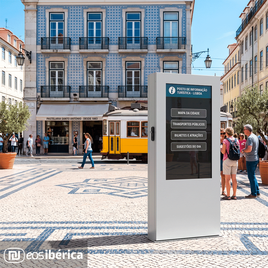 Totem digital de informação turística num terminal interativo de cor cinzenta, localizado numa praça em Lisboa com calcada portuguesa e um elétrico amarelo ao fundo.