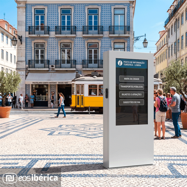 Totem digital de informação turística num terminal interativo de cor cinzenta, localizado numa praça em Lisboa com calcada portuguesa e um elétrico amarelo ao fundo.