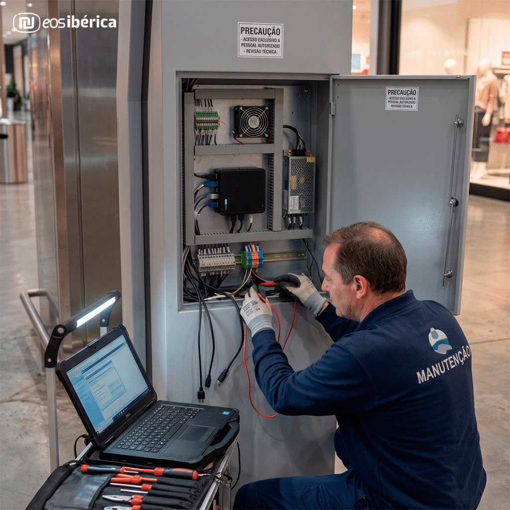 Técnico a realizar a manutenção da parte traseira de um terminal interativo num centro comercial.