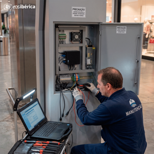Técnico a realizar a manutenção da parte traseira de um terminal interativo num centro comercial.