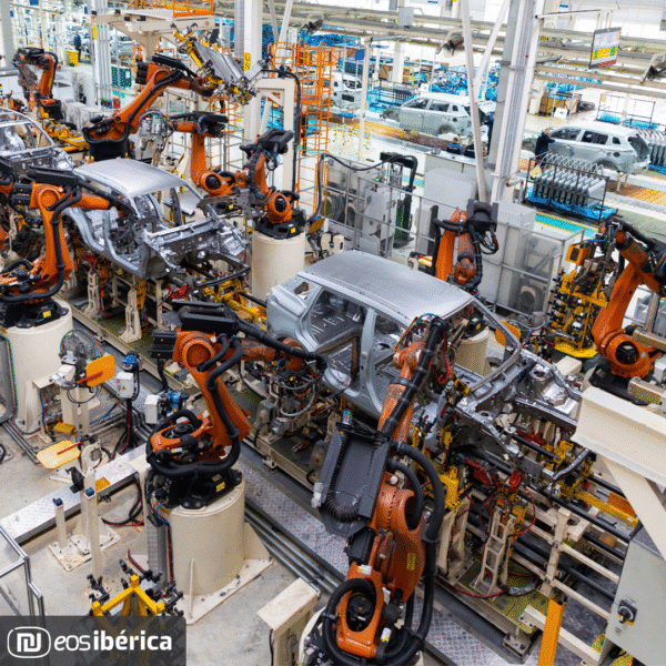 Fábrica moderna com múltiplos robôs articulados a trabalhar simultaneamente no chassis de um automóvel, ilustrando o processo de hiperautomação industrial.