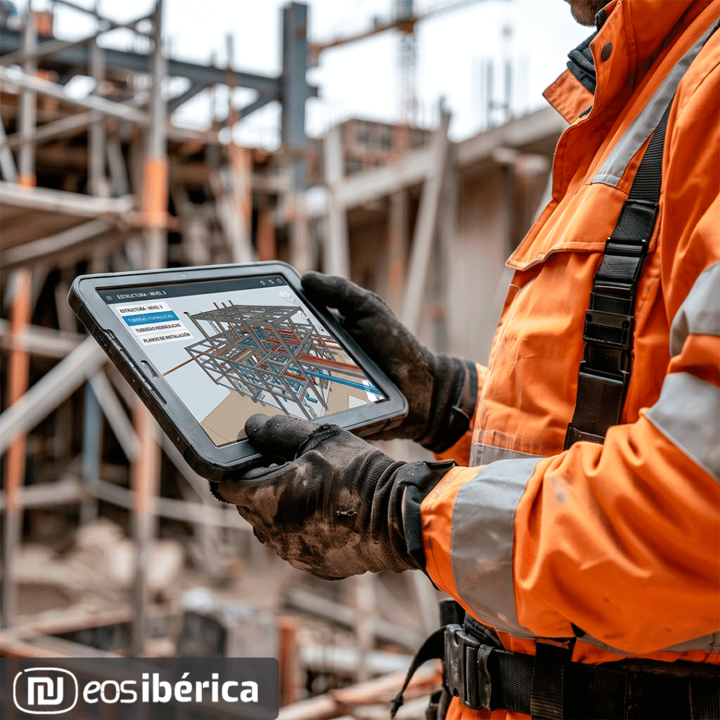Trabalhador num estaleiro de obras a consultar um plano 3D num tablet robusto.