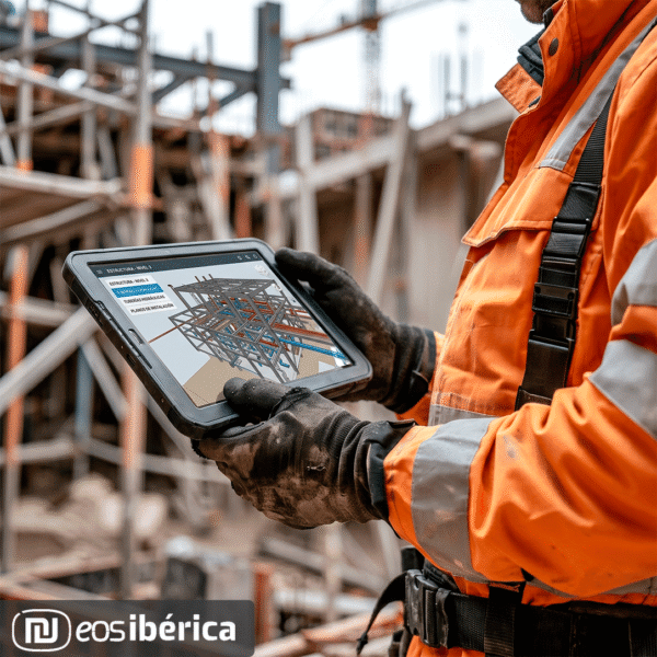 Trabalhador num estaleiro de obras a consultar um plano 3D num tablet robusto.
