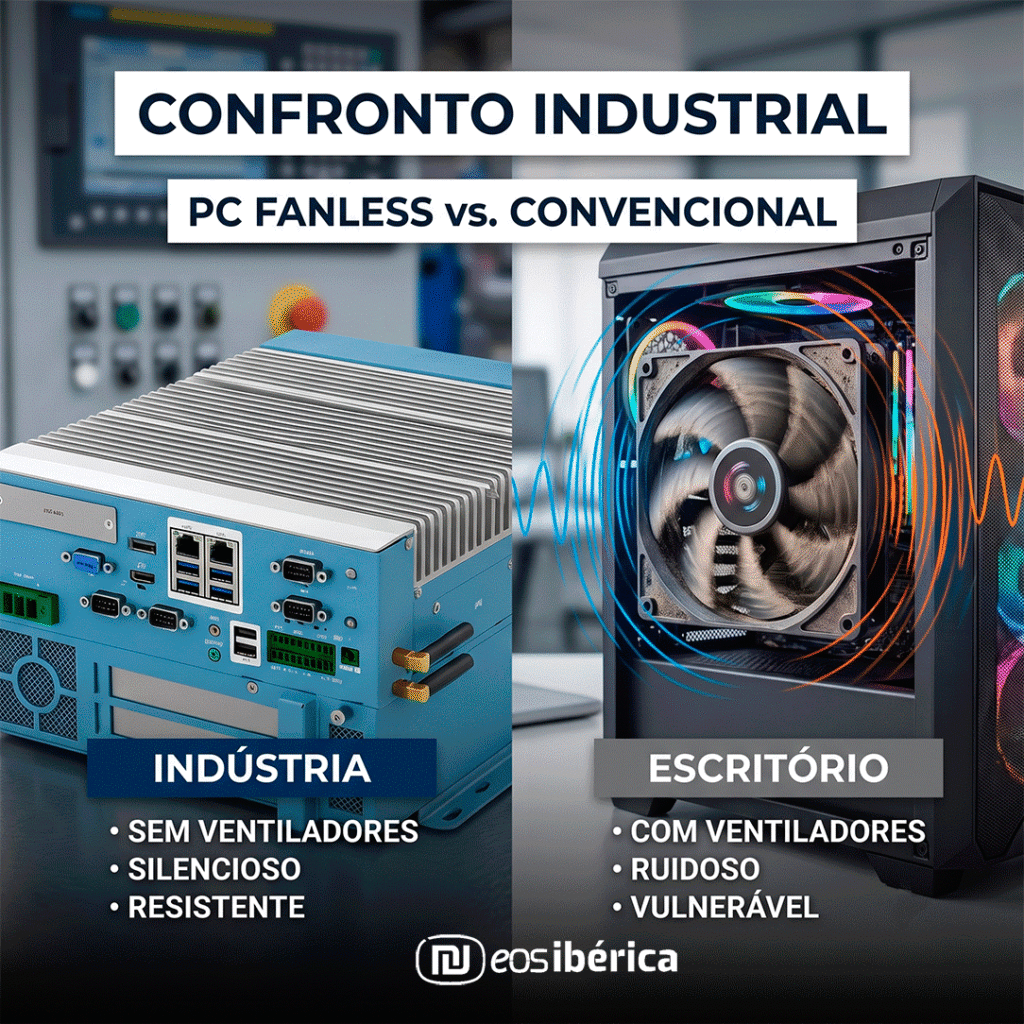 Comparação entre um PC Industrial Fanless azul resistente para ambiente fabril e um PC convencional de escritório com ventoinhas visíveis.