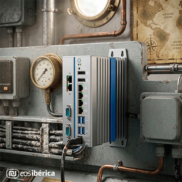 Computador industrial compacto com portas de E/S, dissipador de calor e cabos, montado num painel de metal desgastado com um relógio de pressão.