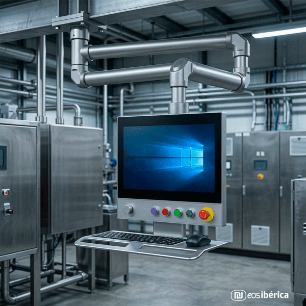 Painel táctil industrial HMI instalado em ambiente fabril para controlo e monitorização de processos