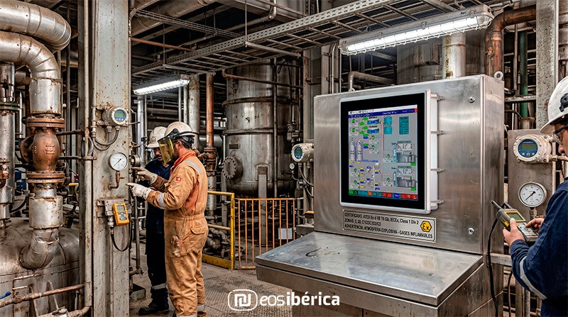 Três trabalhadores numa instalação industrial com equipamentos de monitorização certificados ATEX.