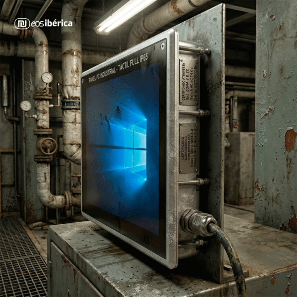 Um robusto painel PC industrial tátil de metal, certificado IP65, com a imagem de fundo do Windows 10 no ecrã. O painel está montado sobre uma superfície de trabalho desgastada num ambiente de fábrica envelhecido, com tubos metálicos enferrujados, manómetros e iluminação fluorescente visível no fundo.