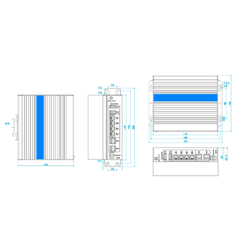 Esquema técnico com conexões e dimensões em milímetros do PC industrial fanless IEXP-512-I7-1255U CAN 24V, mostrando vistas superior, lateral e frontal para montagem.