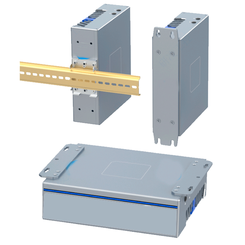 Modos de instalação do PC industrial: montagem em calha DIN (Din Rail), montagem em parede (Wall Mount) na vertical e fixação horizontal em superfície.