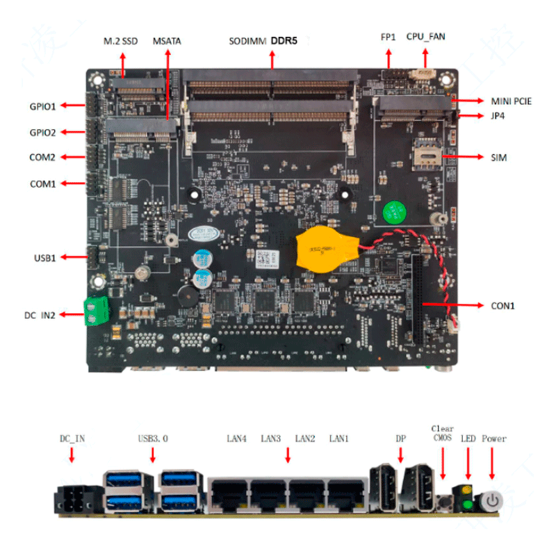 Placa principal e conexões do PC industrial Intel i7 fanless, detalhando os portos LAN, GPIO, USB 3.0 e ranhuras de expansão.