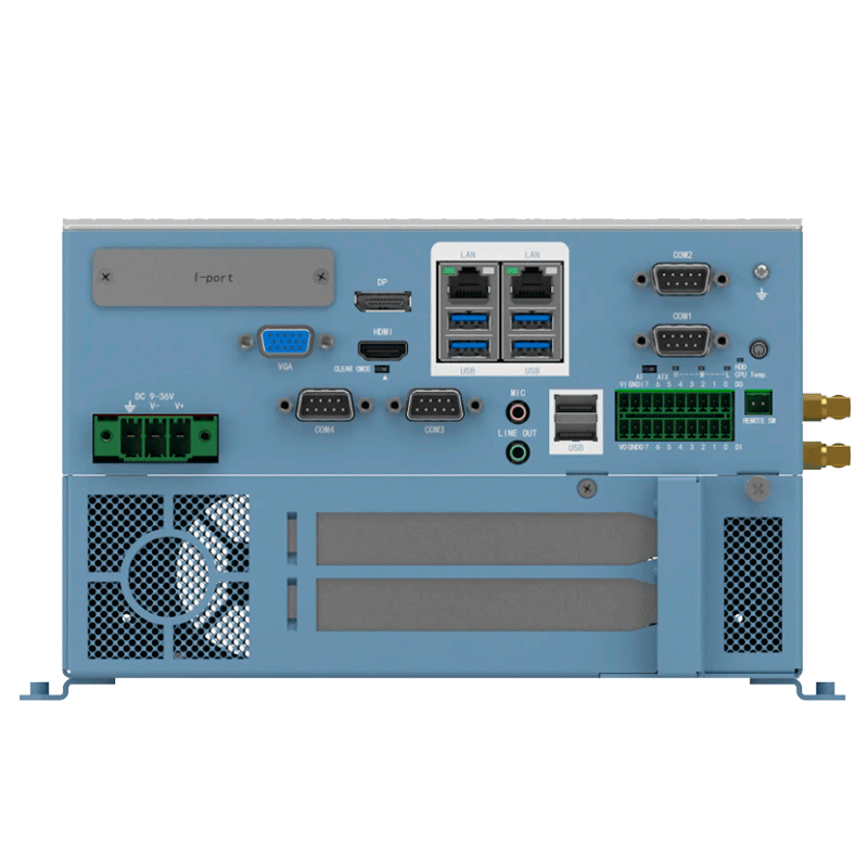 Imagem dos portos do PC Industrial eRX JH-i3-12100-PCIe. PC industrial fanless de alto desempenho com CPU Intel® i3-12100 até 4,40 GHz. Ideal para automação, videovigilância e Edge AI.