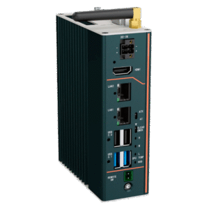 Computador industrial fanless robustecido e compacto com chassis em alumínio preto com ranhuras de arrefecimento passivo. A imagem mostra o painel frontal com ligações DC-IN, HDMI, duas portas LAN, duas portas USB 2.0, duas portas USB 3.1, um botão Remote SW e uma antena Wi-Fi preta dobrada na parte superior.
