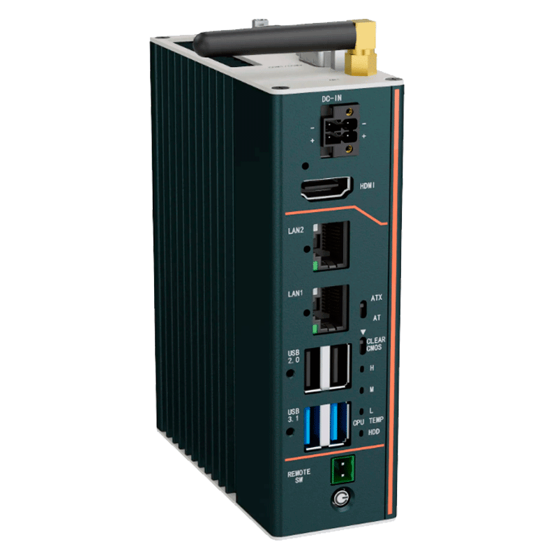 Computador industrial fanless robustecido e compacto com chassis em alumínio preto com ranhuras de arrefecimento passivo. A imagem mostra o painel frontal com ligações DC-IN, HDMI, duas portas LAN, duas portas USB 2.0, duas portas USB 3.1, um botão Remote SW e uma antena Wi-Fi preta dobrada na parte superior.