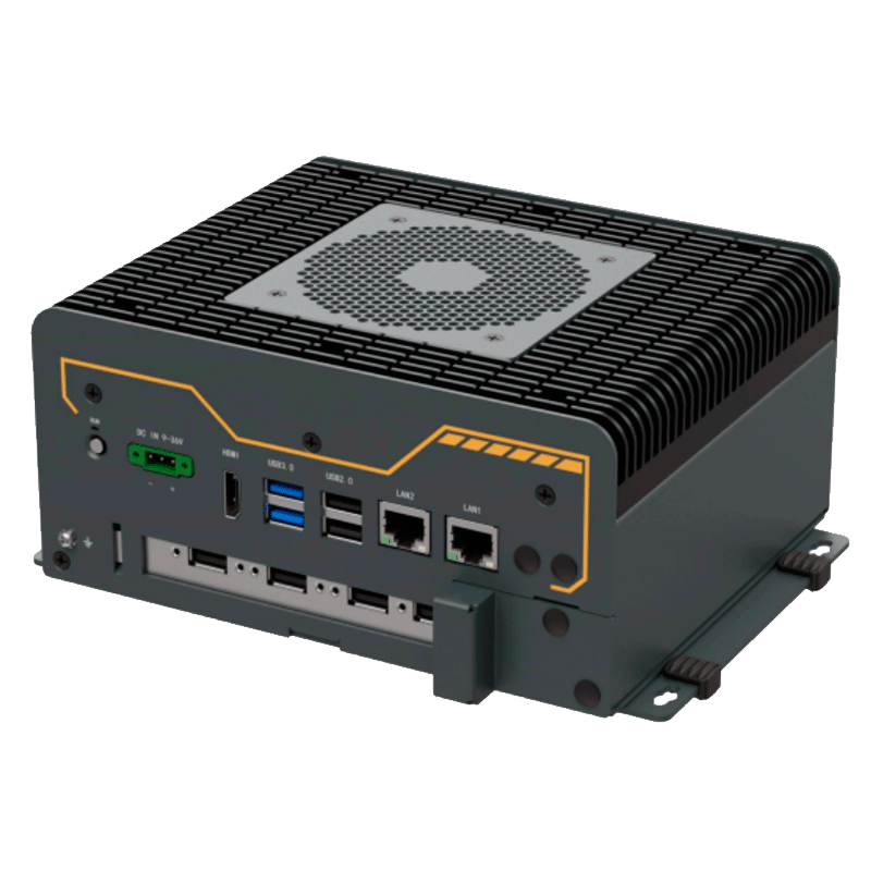 Alçado eRX-NVIDIA-OR.NX-6CX4 PC industrial Edge AI equipado com o módulo NVIDIA Jetson Orin NX, um CPU ARM de 6 núcleos e um GPU com bom desempenho de IA de até 70 TOPS.
