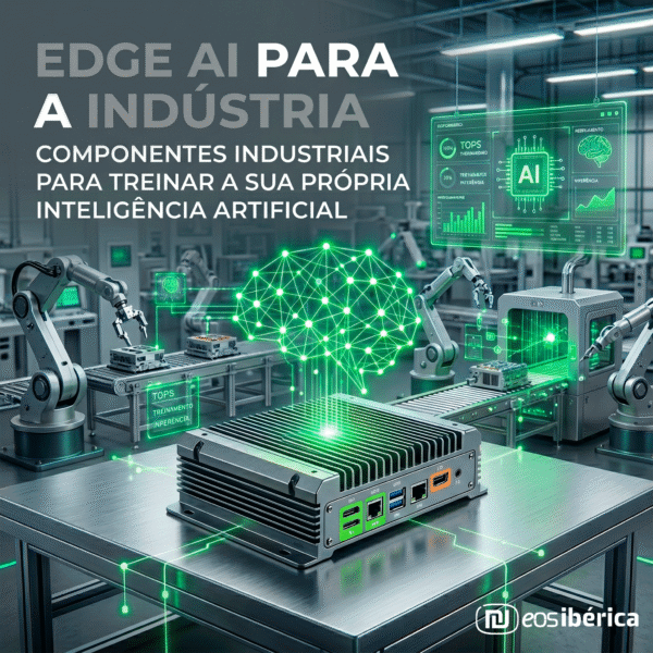 Computador industrial robusto com arrefecimento passivo no centro de uma fábrica automatizada, exibindo hologramas tecnológicos em verde brilhante e braços robóticos na linha de montagem, representando a inteligência artificial Edge AI para a indústria.