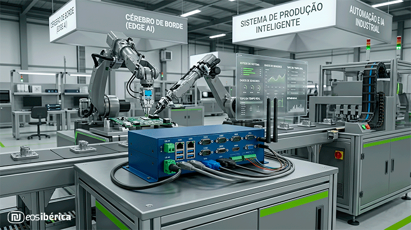 Computador industrial azul conectado numa linha de montagem automatizada com braços robóticos e painéis de dados em tons cinza e verde.