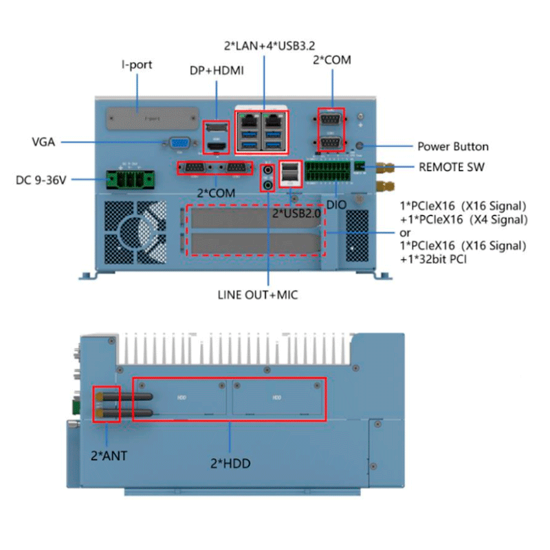 Conexões PC industrial fanless eRx-JH-i3 12100 PCIe.
