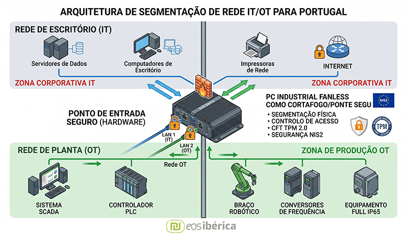 Infografia de arquitetura de rede IT e OT com PC industrial fanless para cumprimento da norma NIS2