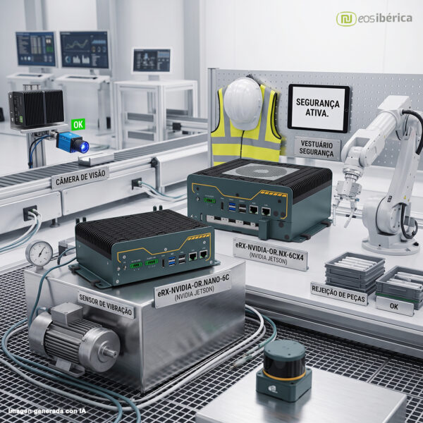 Um PC industrial robusto e compacto, da EOS Ibérica, com chassi de metal e alhetas de refrigeração visíveis, colocado sobre um palete de madeira em uma linha de montagem industrial. O ambiente é limpo e técnico.