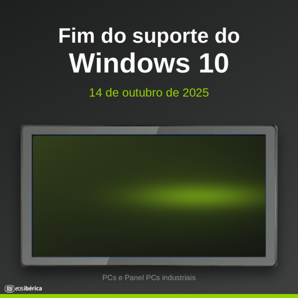 Panel PC industrial com o aviso «Fim do suporte do Windows 10, 14 de outubro de 2025.