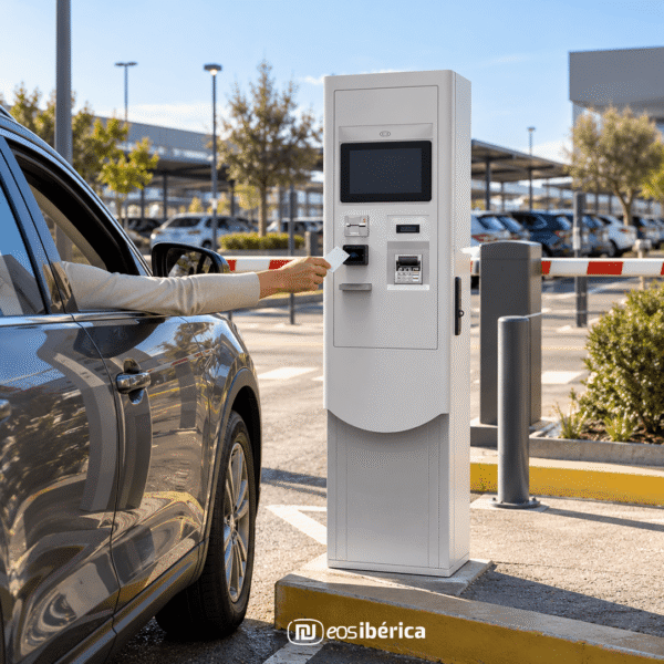 Quiosque de controlo de acessos com pagamento autónomo instalado num parque de estacionamento.