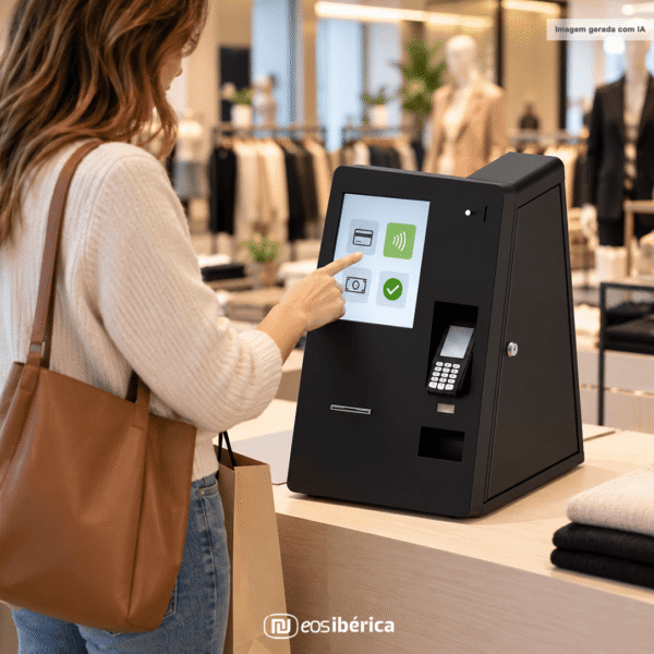 Cliente a pagar numa loja de moda com um terminal de autopagamento de mesa da EOS Ibérica.