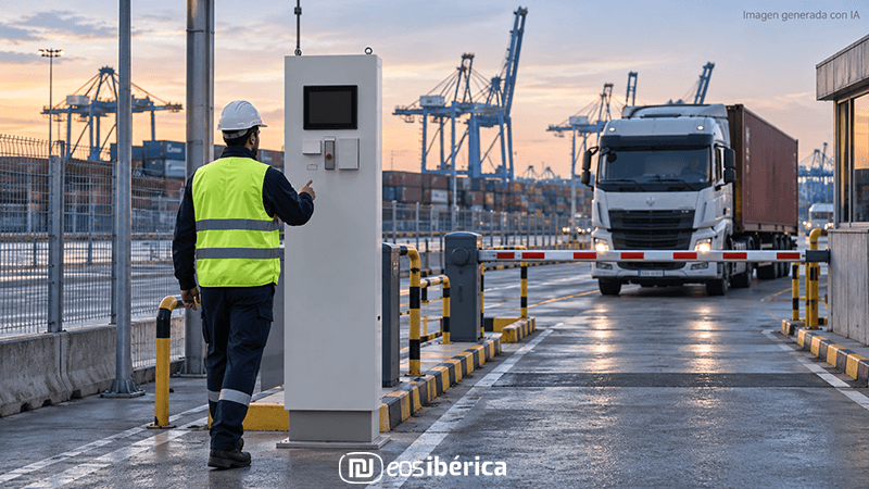 Trabalhador a pé utiliza o terminal de controlo de acessos eStop Pro numa entrada portuária com um camião a aguardar